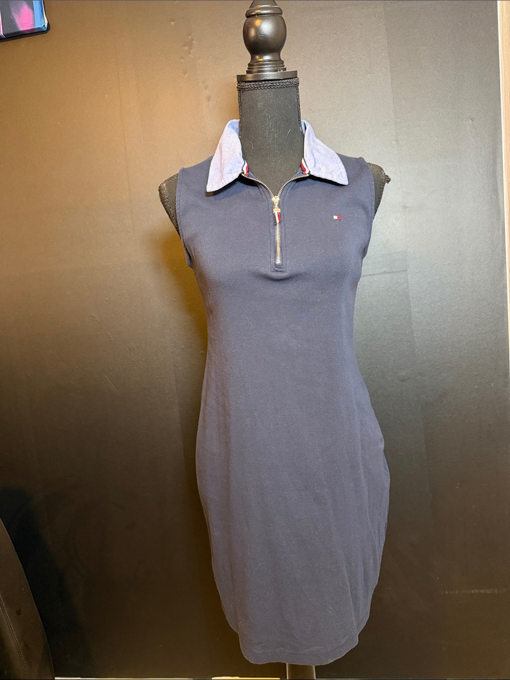 Tommy Hilfiger Navy Polo Zip-Front Sleeveless Dress with Light Blue Collar